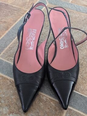 Salvatore Ferragamo Black Pointed Toe Slingback Pumps with Pink Insole
